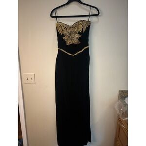 Rare Vtg Victor‎ Costa Gown Black Velvet Gold Lace Strapless Formal Dress Saks